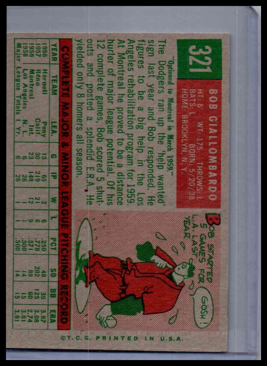 1959 Topps Bob Giallombardo #321 (With Option Statement) Variant