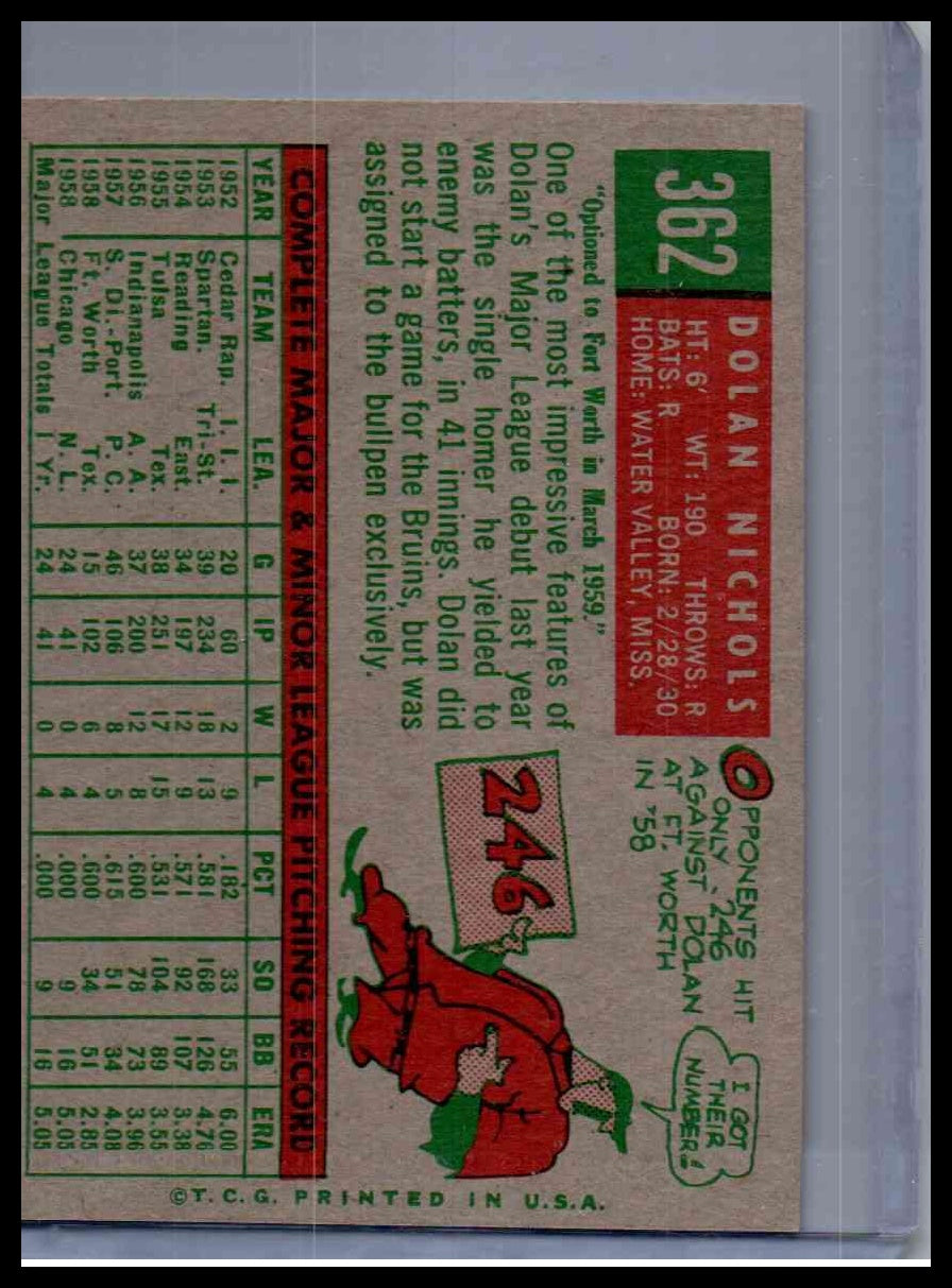 1959 Topps Dolan Nichols #362 Variation Nicely Centered RC