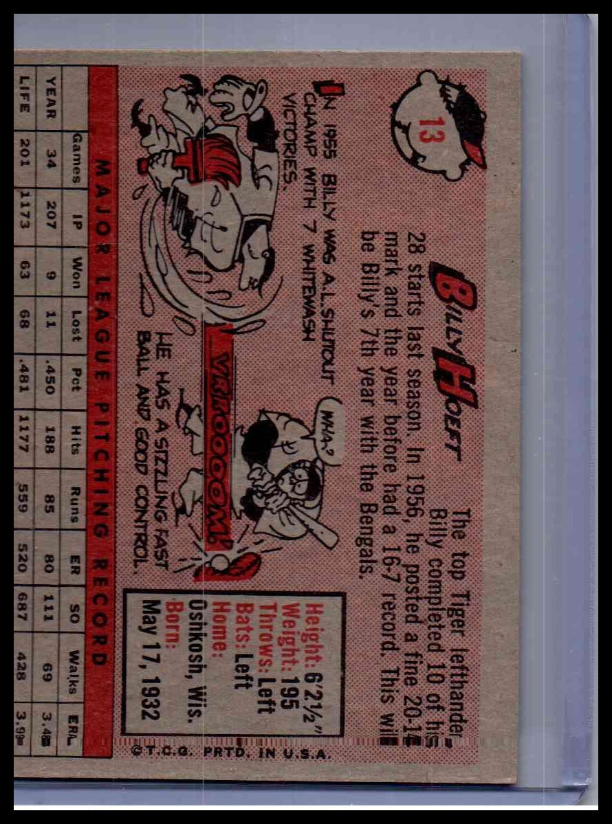 1958 Topps Billy Hoeft #13 - Name in Yellow Letters, Red Triangle by Foot
