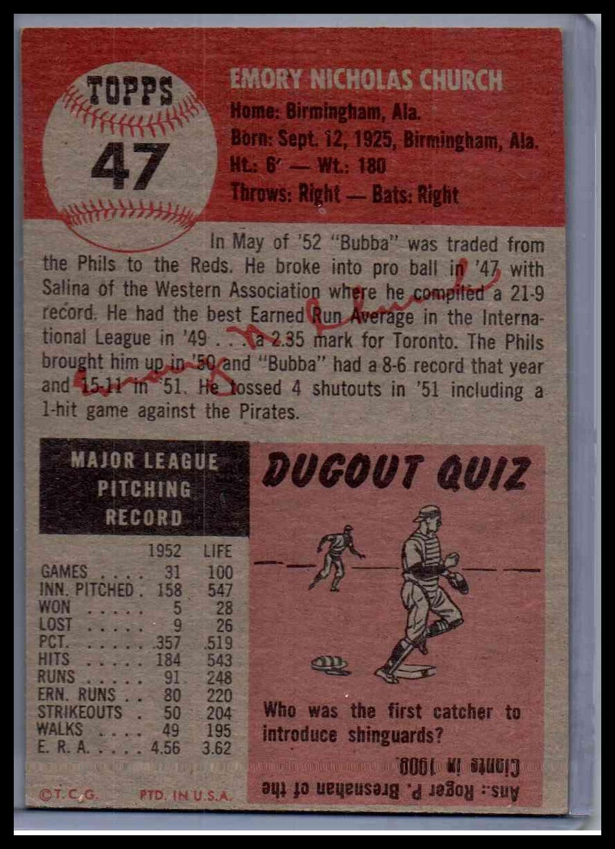 1953 Topps Bubba Church #47