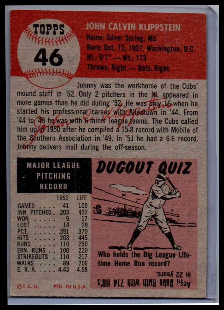 1953 Topps Johnny Klippstein #46