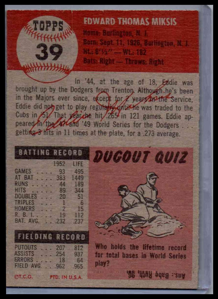 1953 Topps Eddie Miksis #39