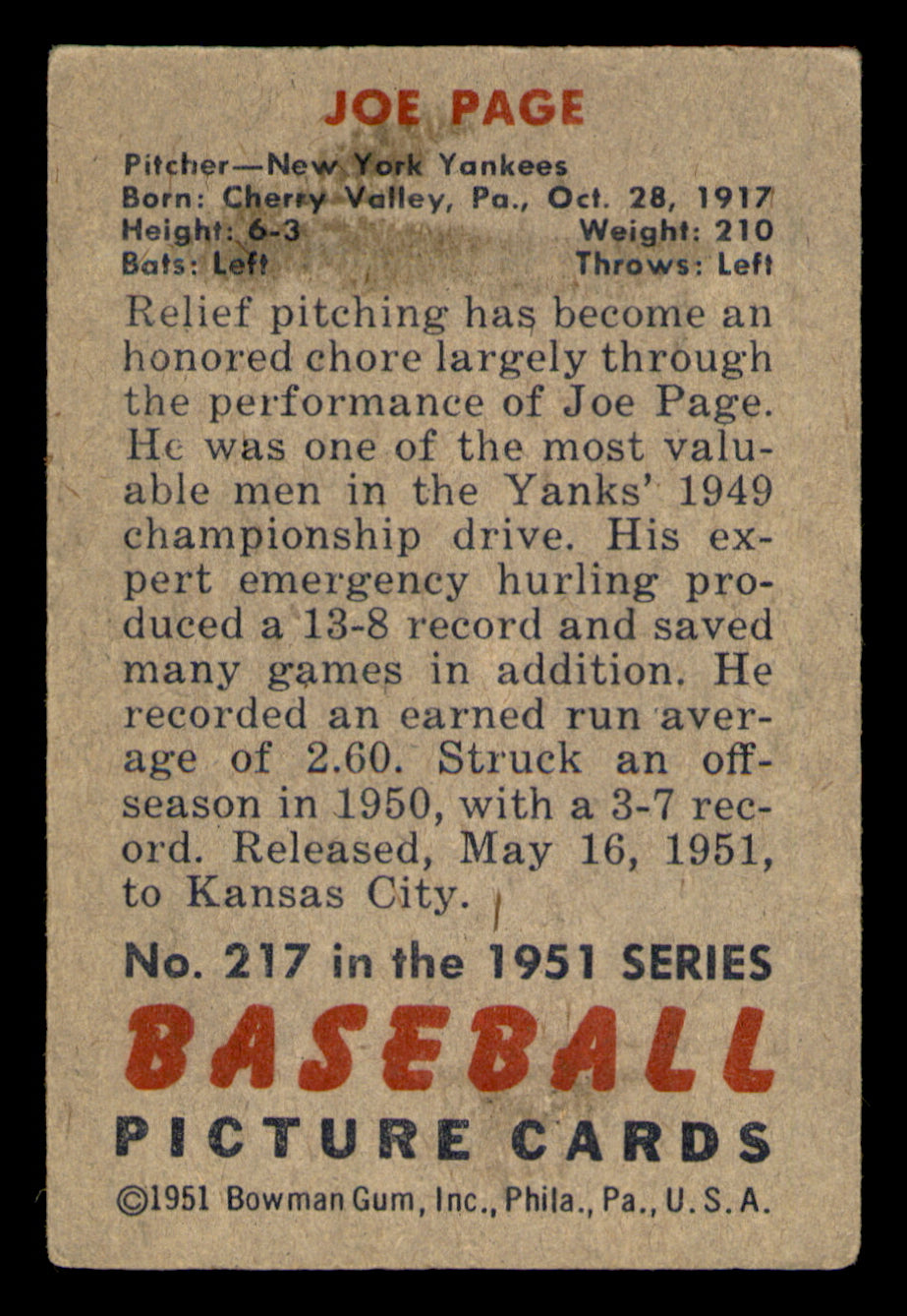 1951 Bowman Joe Page #217