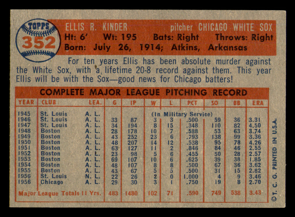 1957 Topps Ellis Kinder #352
