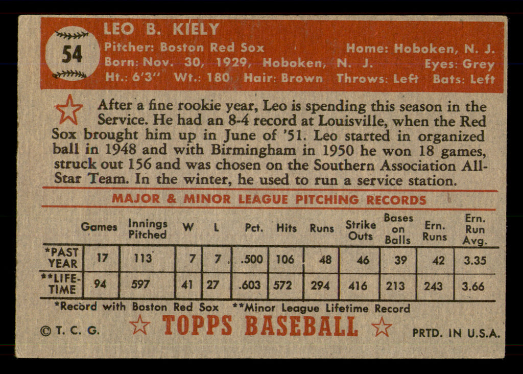 1952 Topps Leo Kiely #54 RC Vintage