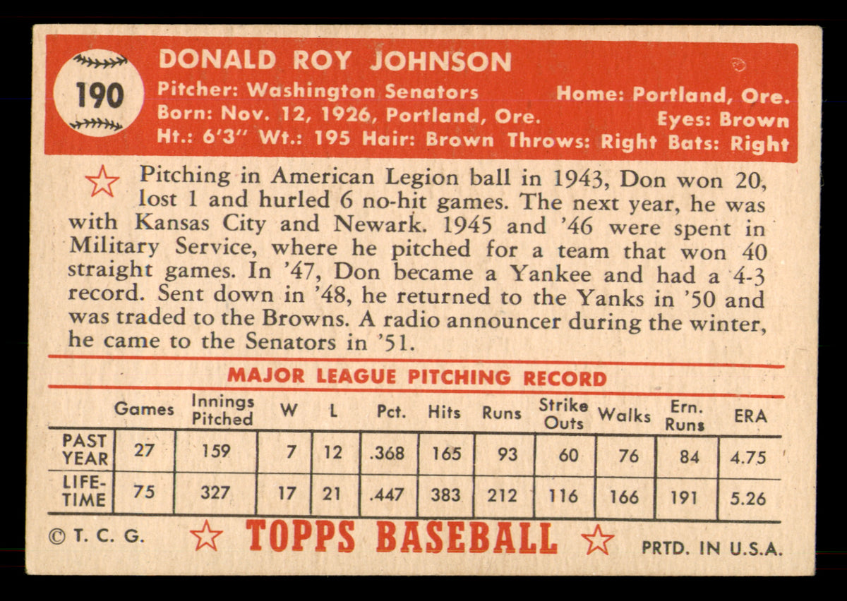 1952 Topps Don Johnson #190