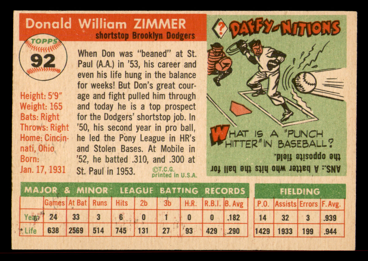 1955 Topps Don Zimmer #92 RC Vintage