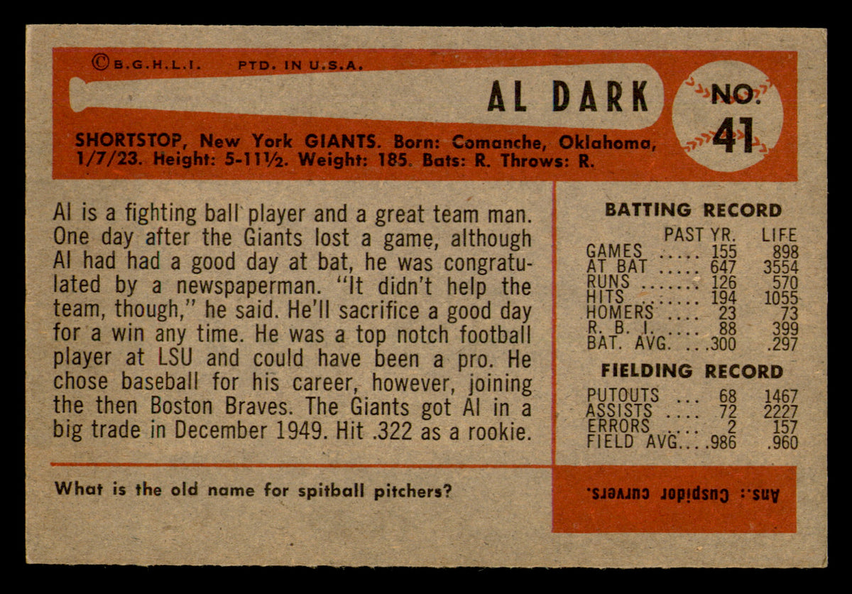 1954 Bowman Alvin Dark #41