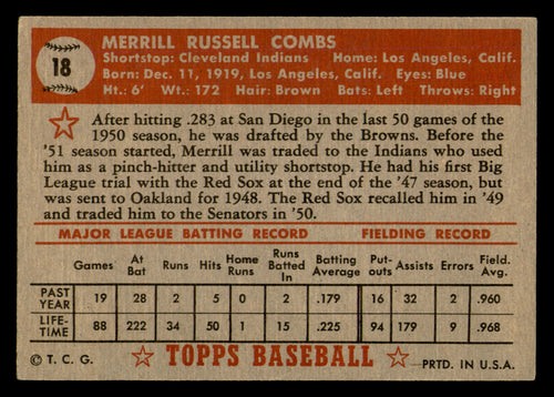 1952 Topps Merrill Combs #18