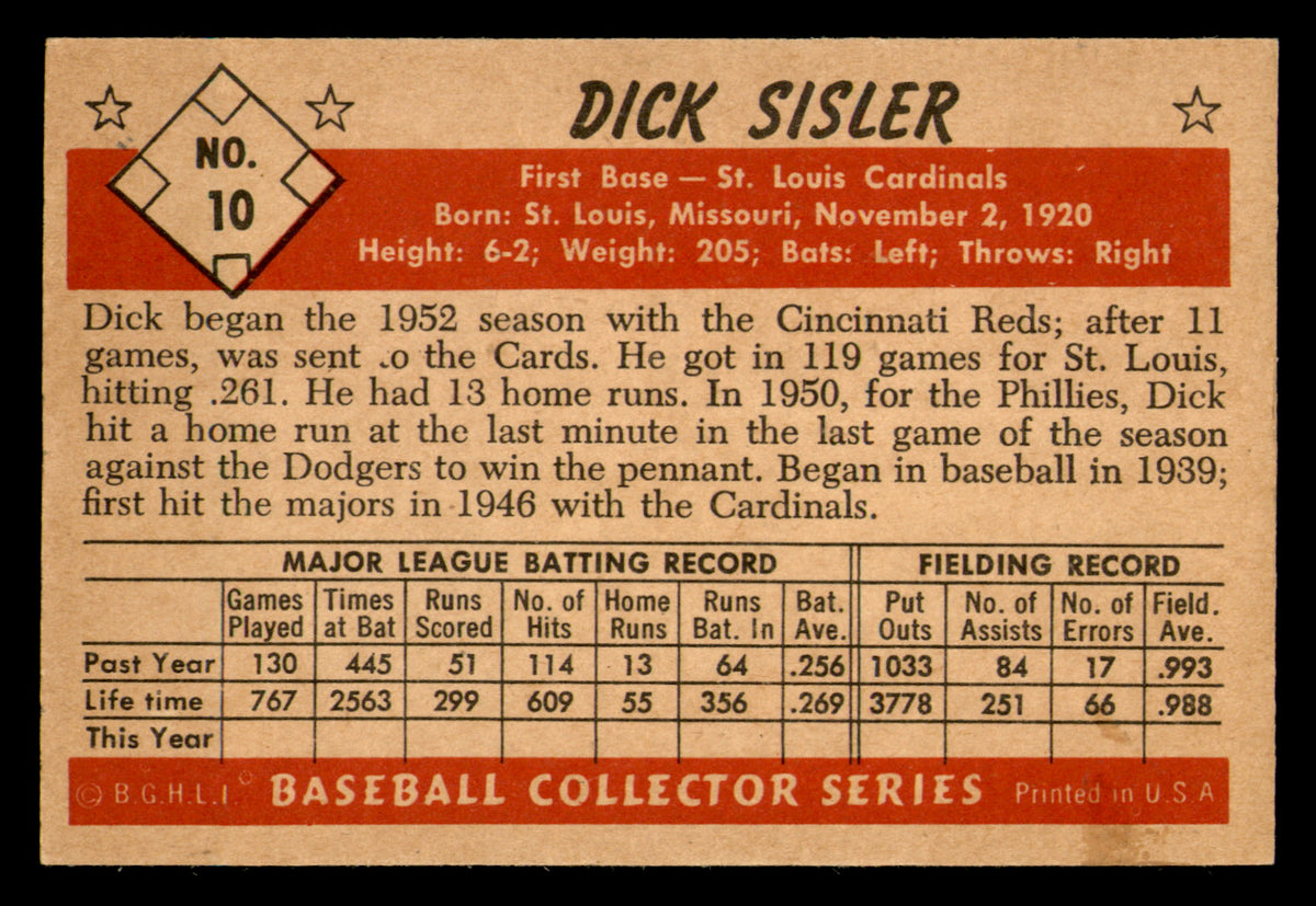 1953 Bowman Black & White Dick Sisler #10