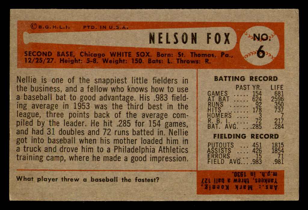 1954 Bowman Nelson Fox #6 HOF