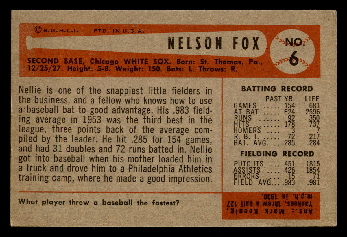 1954 Bowman Nelson Fox #6 HOF