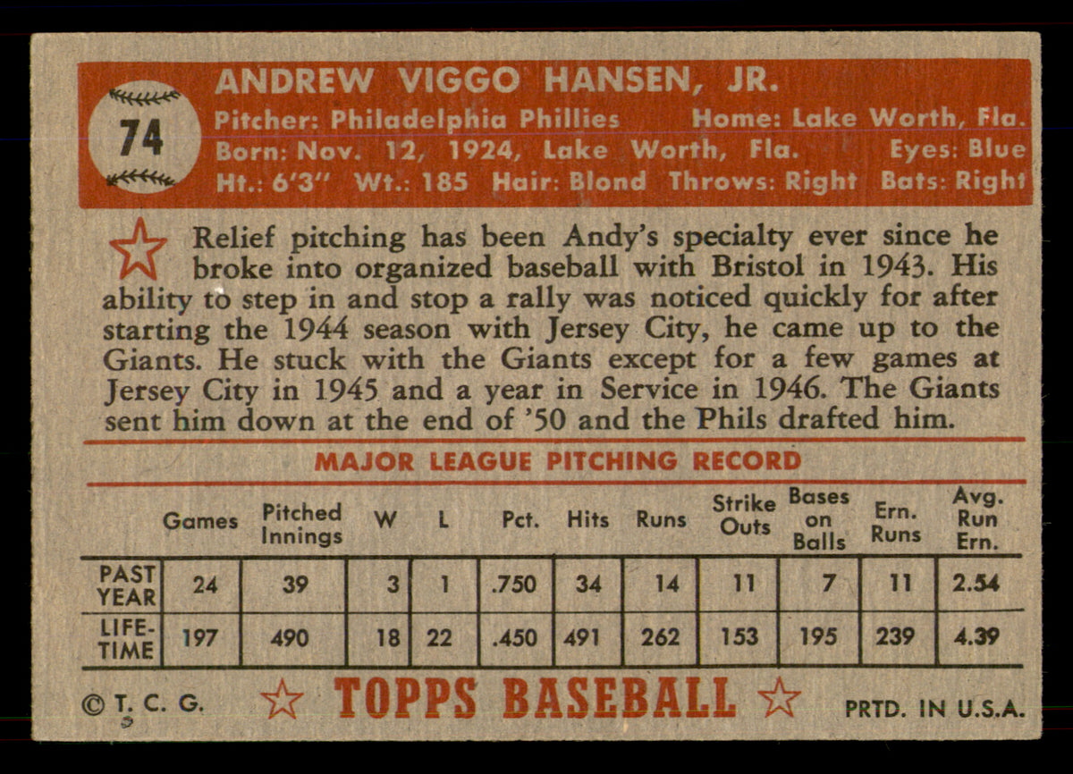 1952 Topps Andy Hansen #74