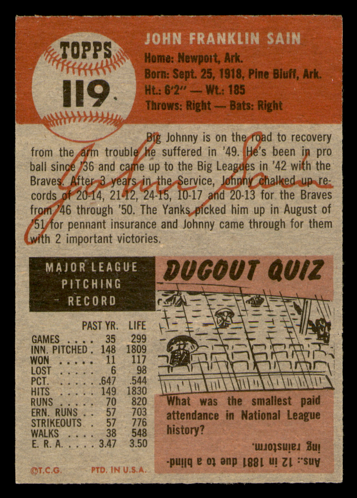 1953 Topps Johnny Sain #119