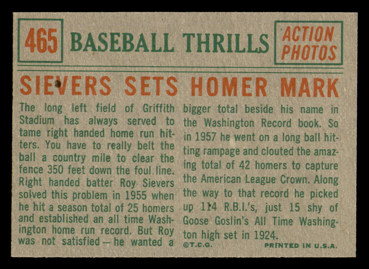 1959 Topps Roy Sievers #465 - Sievers Sets Homer Mark