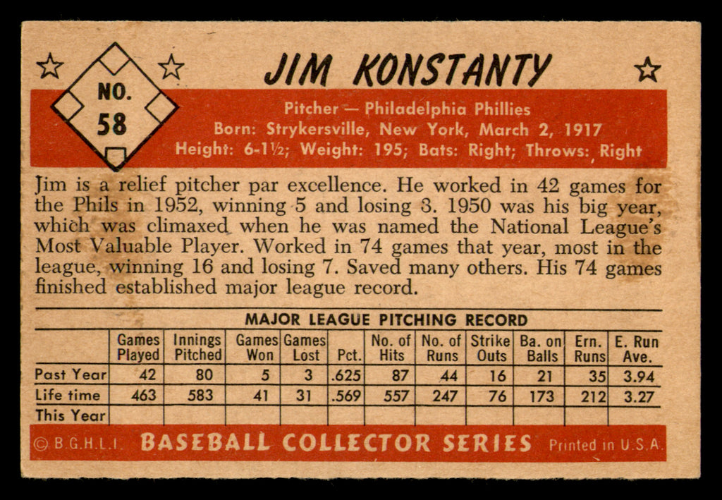 1953 Bowman Black & White Jim Konstanty #58