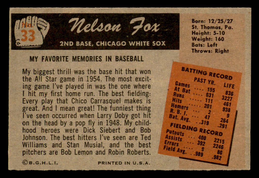1955 Bowman Nelson Fox Nellie Fox #33 HOF