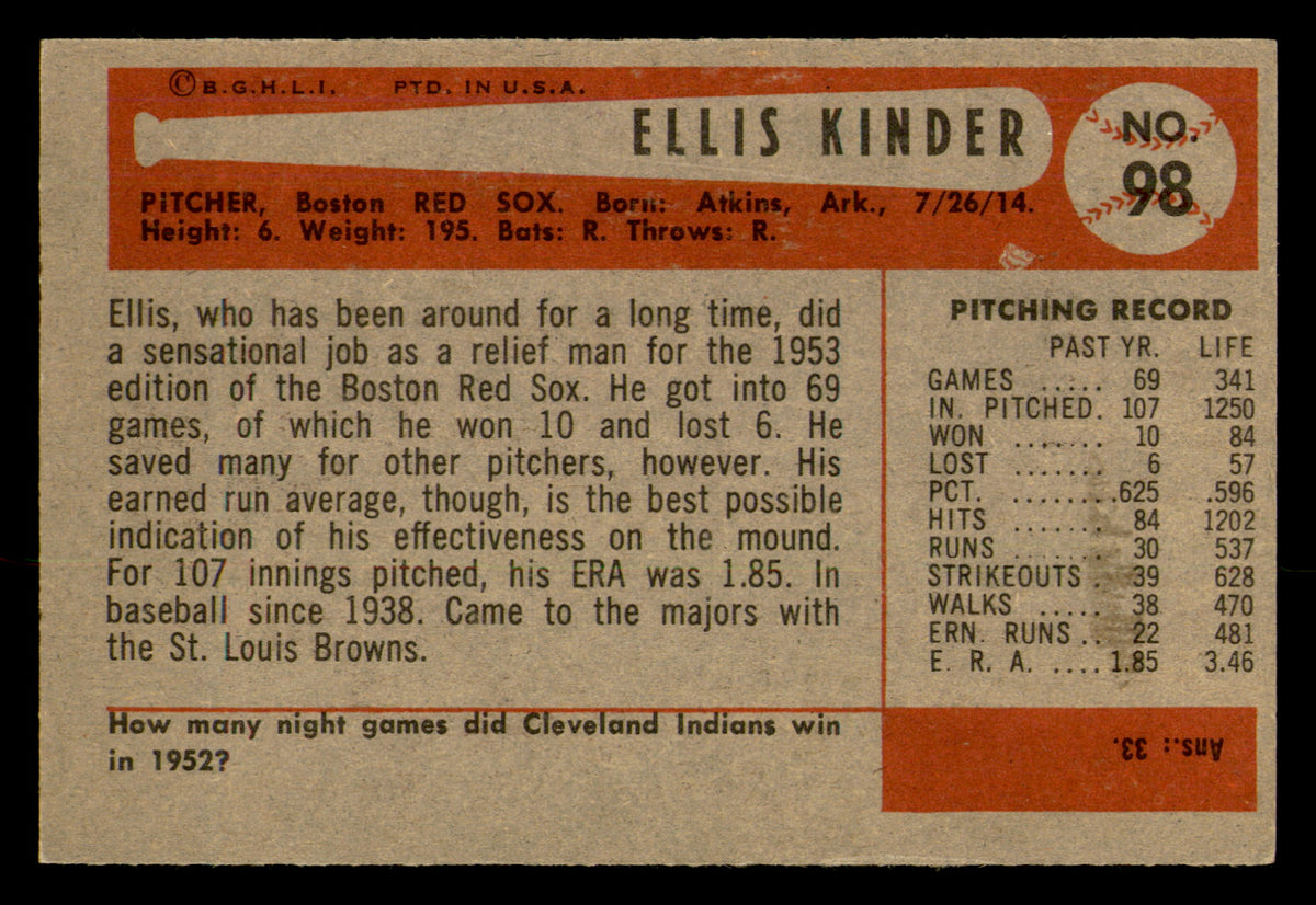 1954 Bowman Ellis Kinder #98
