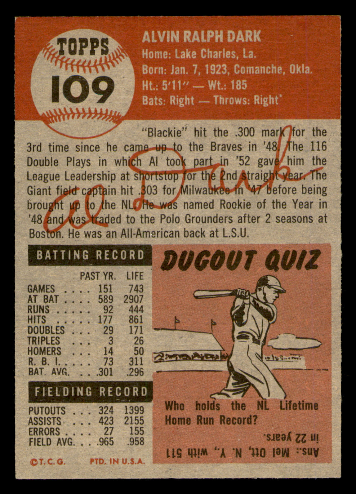 1953 Topps Alvin Dark #109