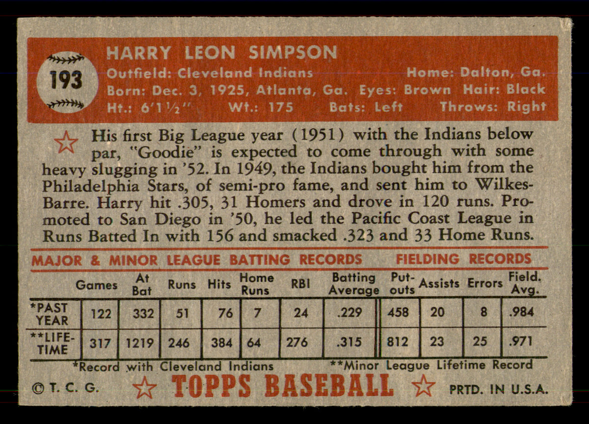1952 Topps Harry Simpson #193