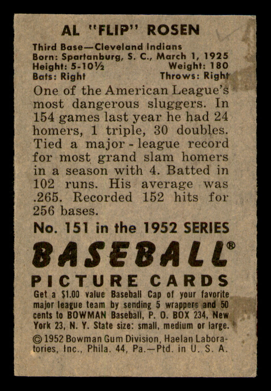 1952 Bowman Al Rosen #151