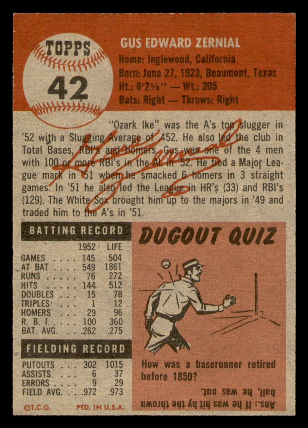 1953 Topps Gus Zernial #42