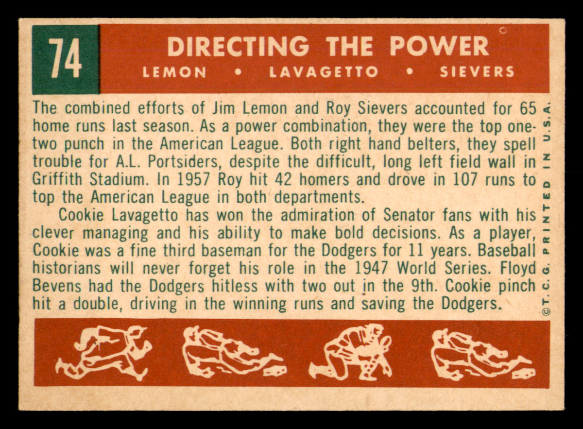 1958 Topps Directing the Power (Jim Lemon, Roy Sievers, Cookie Lavagetto) #74