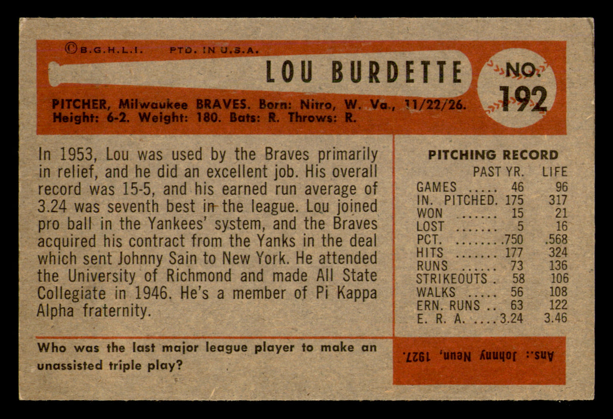 1954 Bowman Lou Burdette #192