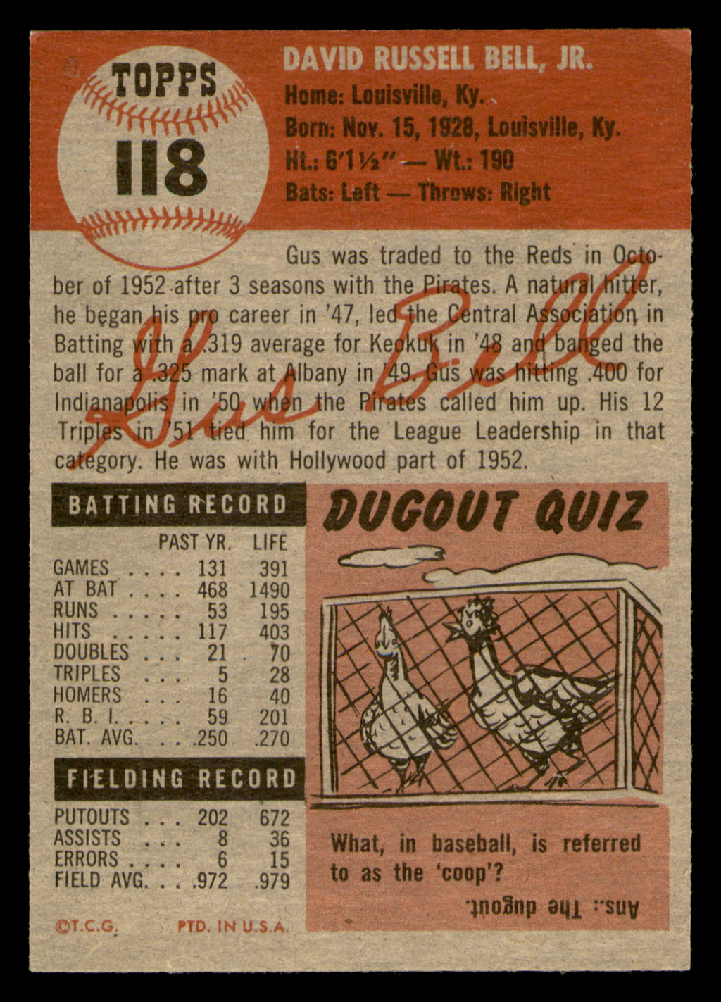 1953 Topps Gus Bell #118