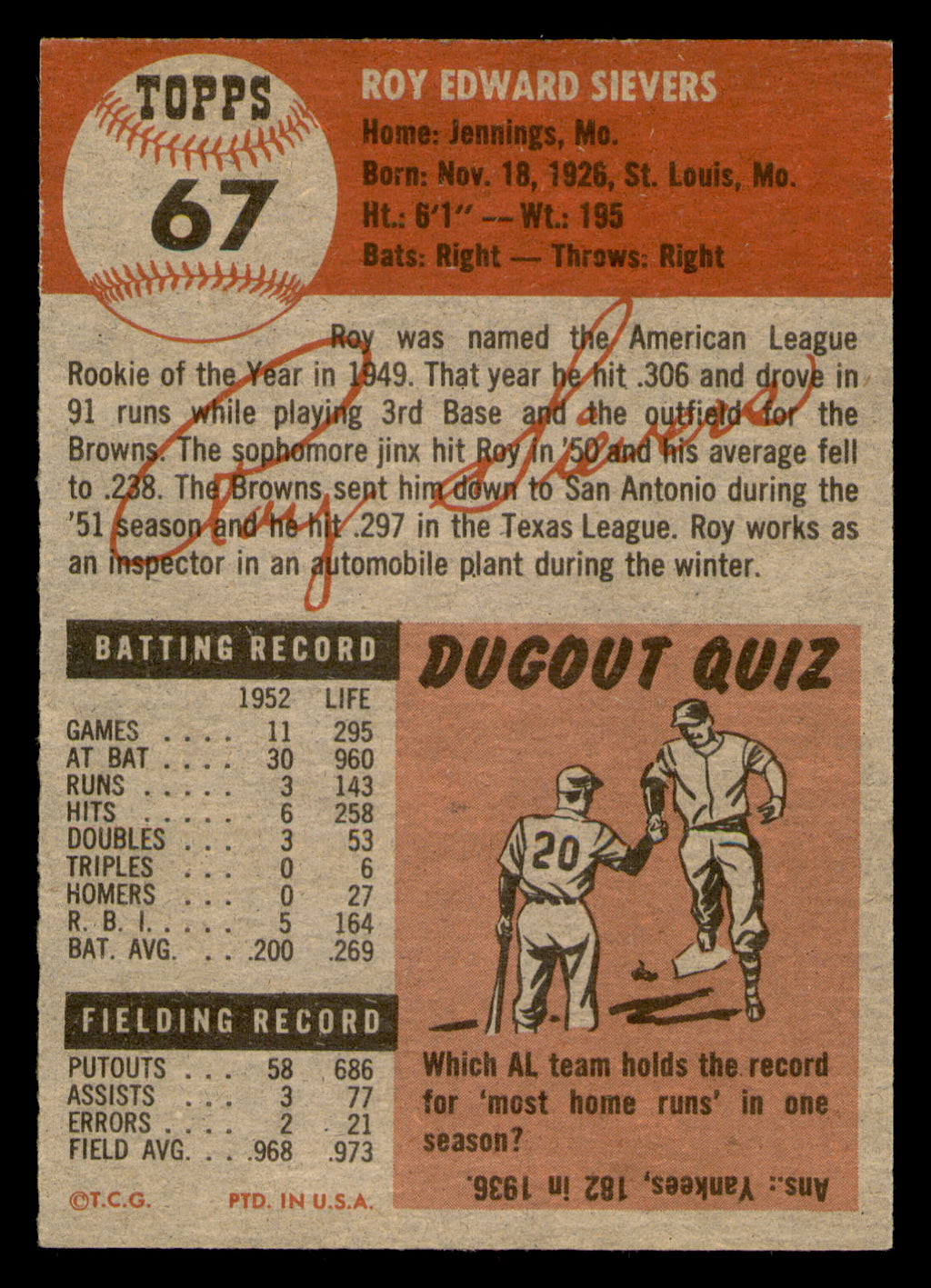 1953 Topps Roy Sievers #67