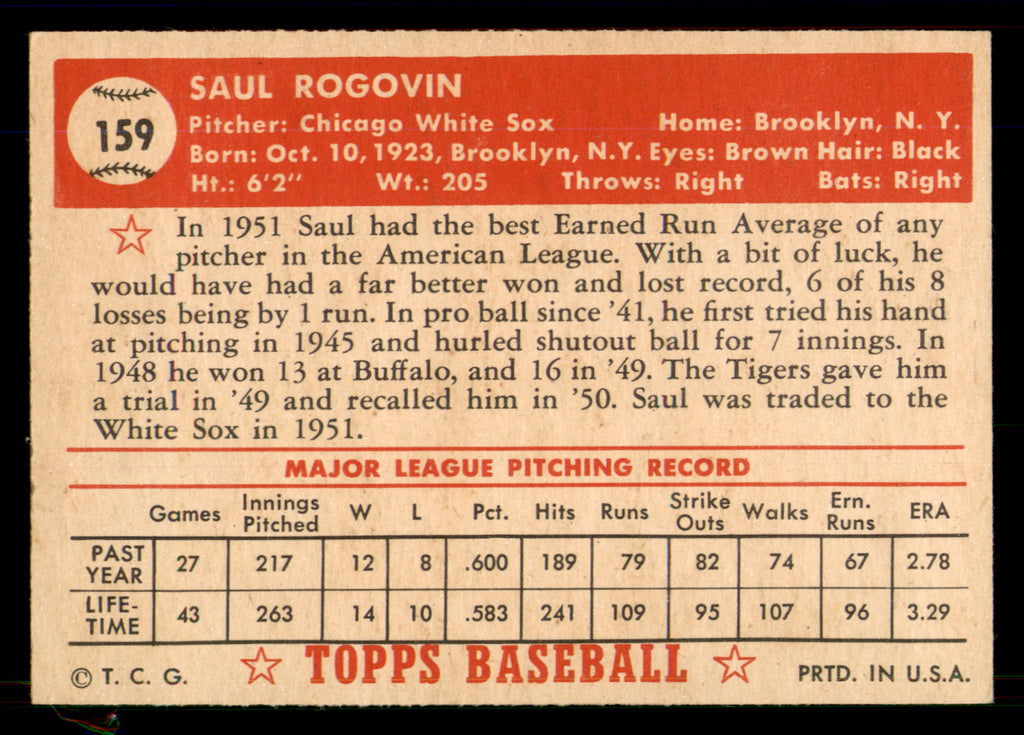 1952 Topps Saul Rogovin #159