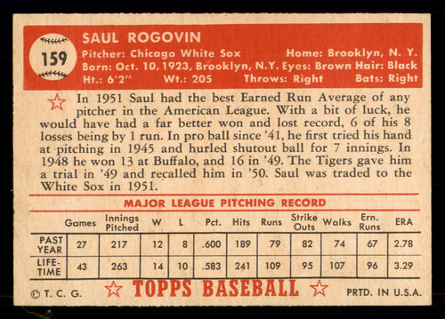 1952 Topps Saul Rogovin #159