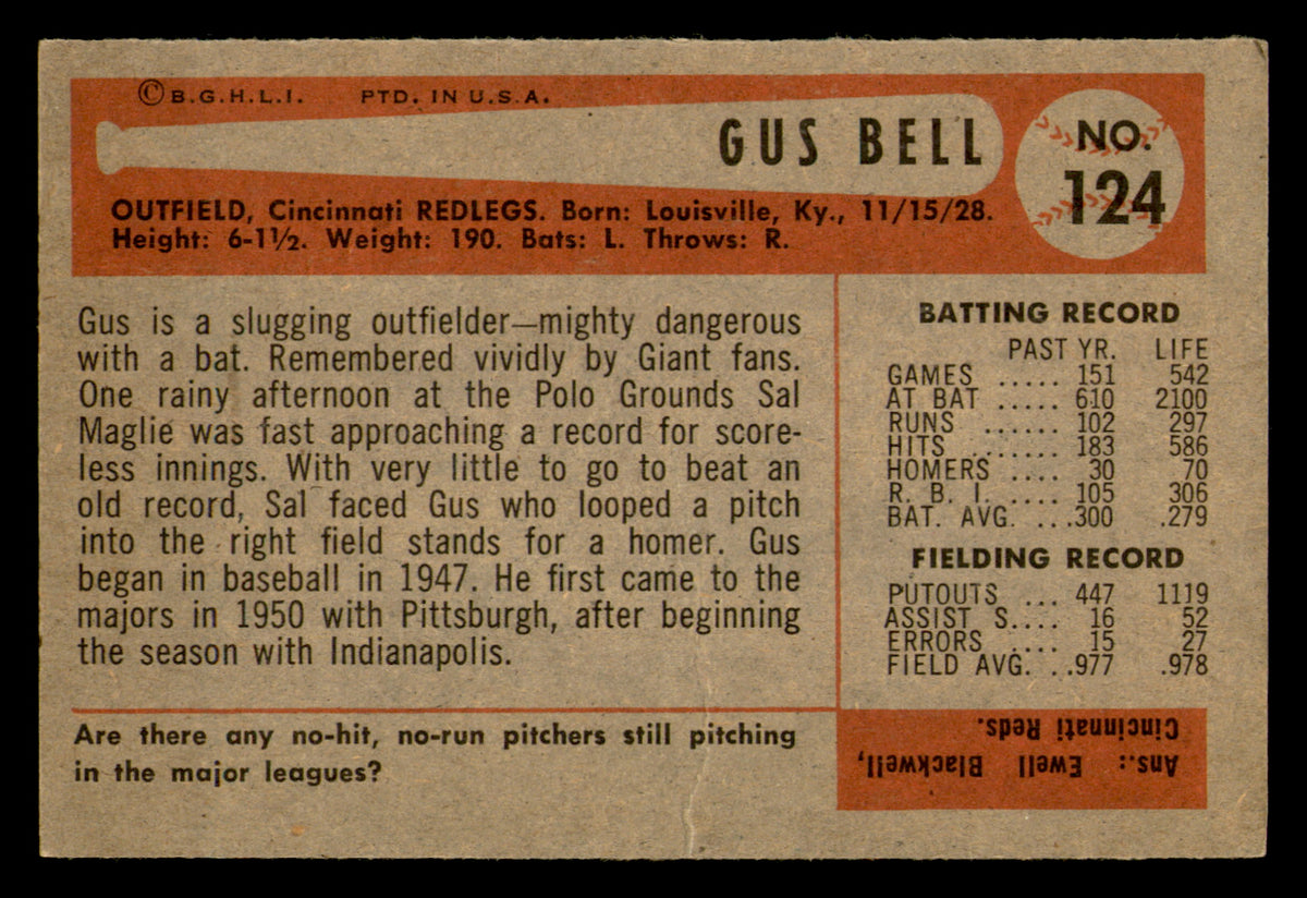1954 Bowman Gus Bell #124
