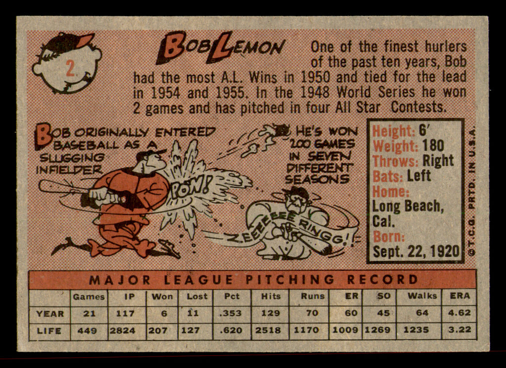 1958 Topps Bob Lemon #2 [Yellow Team]