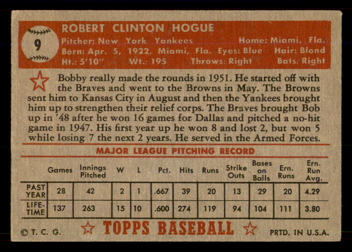 1952 Topps Bobby Hogue #9 RC Vintage