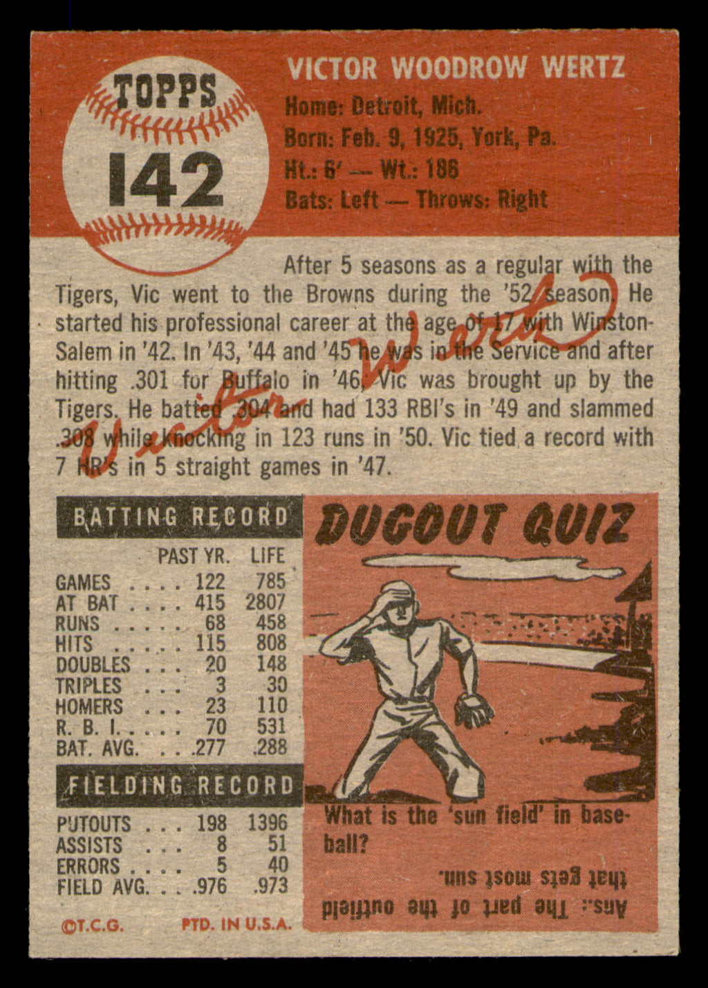 1953 Topps Vic Wertz #142
