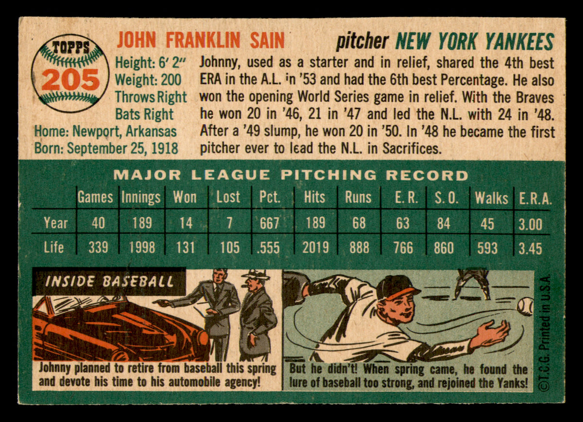 1954 Topps Johnny Sain #205