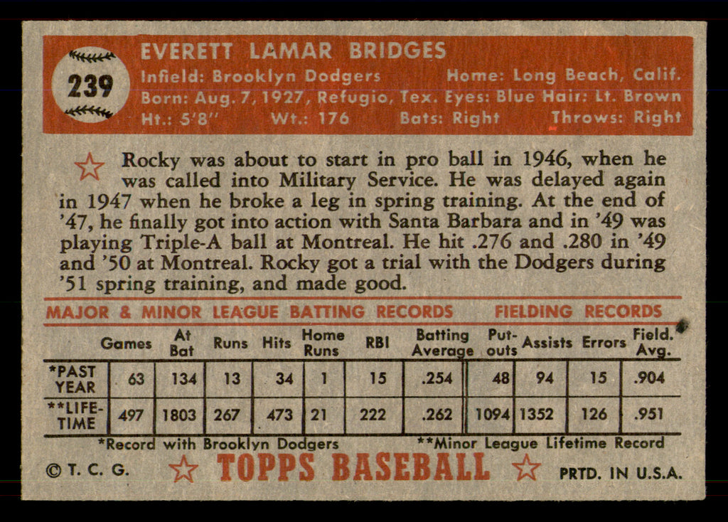 1952 Topps Rocky Bridges #239