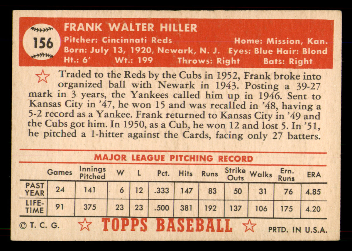 1952 Topps Frank Hiller #156