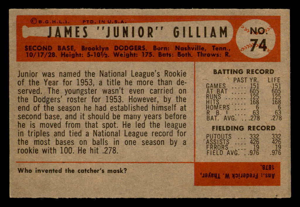 1954 Bowman Jim Gilliam #74
