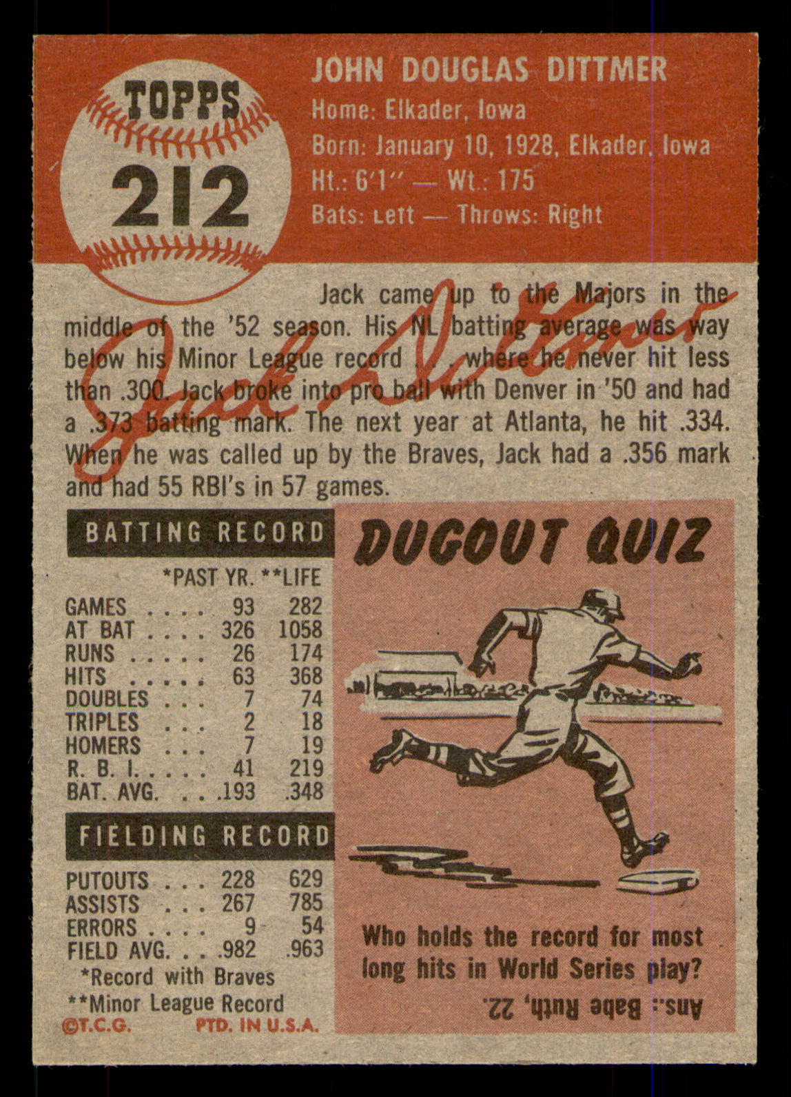 1953 Topps Jack Dittmer #212