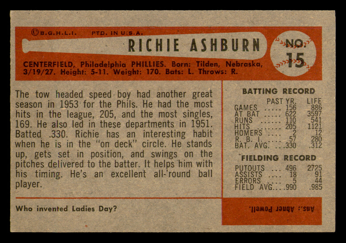 1954 Bowman Richie Ashburn #15 HOF